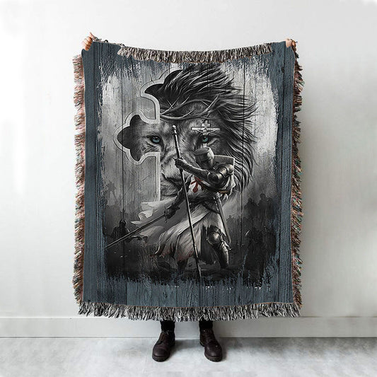 Knight Lion Of Judah And The Cross Woven Blanket - Lion Woven Blanket Print - Christian Throw Blanket - Religious Home Decor