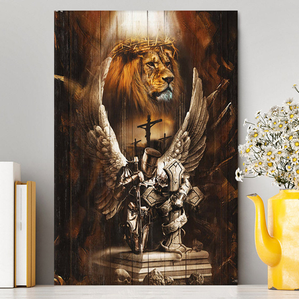 Knight Lion Of Judah Jesus On The Cross Canvas - Lion Canvas Print - Christian Wall Art - Religious Home Decor