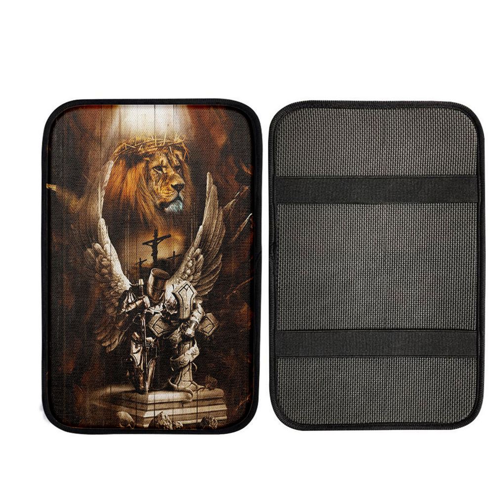 Knight Lion Of Judah Jesus On The Cross Car Armrest Pad - Lion Car Center Console Cover, Religious Car Interior Accessories