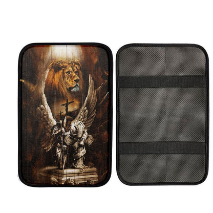 Knight Lion Of Judah Jesus On The Cross Car Armrest Pad - Lion Car Center Console Cover, Religious Car Interior Accessories