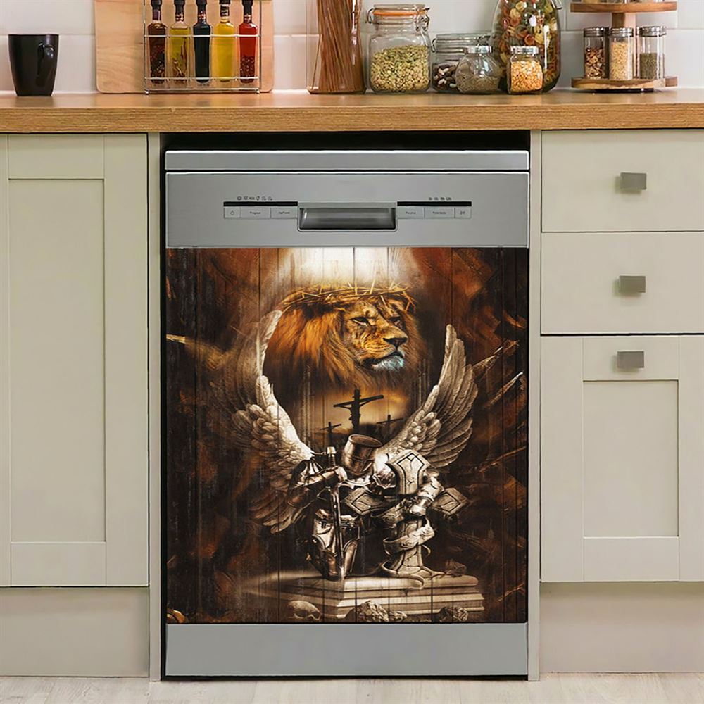 Knight Lion Of Judah Jesus On The Cross Dishwasher Cover, Lion Dishwasher Wrap, Christian Kitchen Decoration