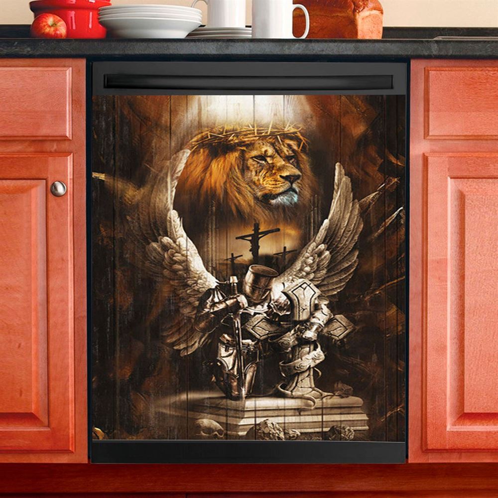 Knight Lion Of Judah Jesus On The Cross Dishwasher Cover, Lion Dishwasher Wrap, Christian Kitchen Decoration