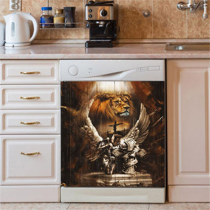 Knight Lion Of Judah Jesus On The Cross Dishwasher Cover, Lion Dishwasher Wrap, Christian Kitchen Decoration