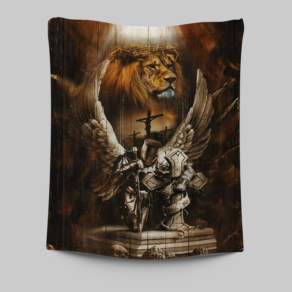 Knight Lion Of Judah Jesus On The Cross Tapestry - Lion Tapestry Print - Christian Wall Art - Religious Home Decor
