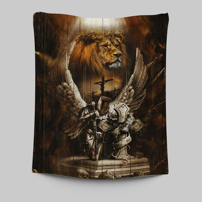 Knight Lion Of Judah Jesus On The Cross Tapestry - Lion Tapestry Print - Christian Wall Art - Religious Home Decor