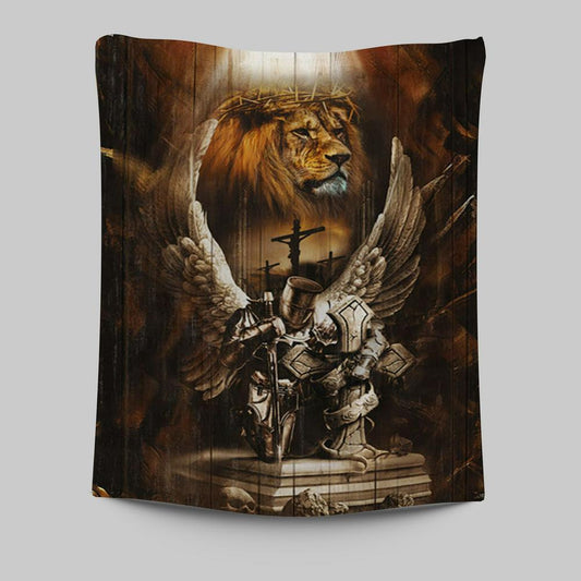 Knight Lion Of Judah Jesus On The Cross Tapestry - Lion Tapestry Print - Christian Wall Art - Religious Home Decor