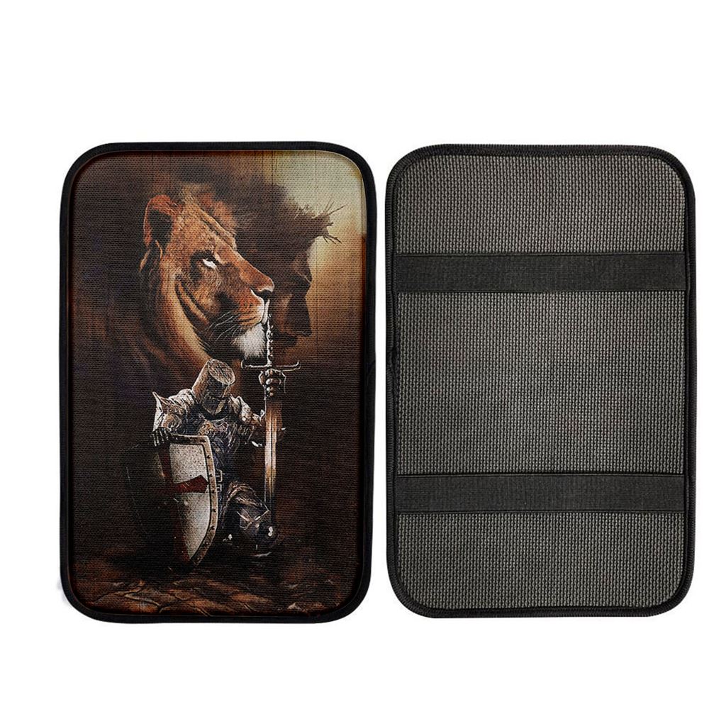Knight Of God Lion Of Judah Serving The Lord Car Armrest Pad - Lion Car Center Console Cover, Religious Car Interior Accessories