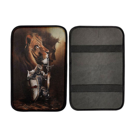 Knight Of God Lion Of Judah Serving The Lord Car Armrest Pad - Lion Car Center Console Cover, Religious Car Interior Accessories