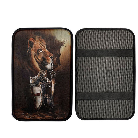 Knight Of God Lion Of Judah Serving The Lord Car Armrest Pad - Lion Car Center Console Cover, Religious Car Interior Accessories