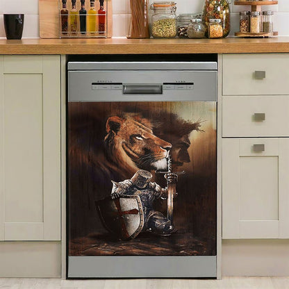 Knight Of God Lion Of Judah Serving The Lord Dishwasher Cover, Lion Dishwasher Wrap, Christian Kitchen Decoration