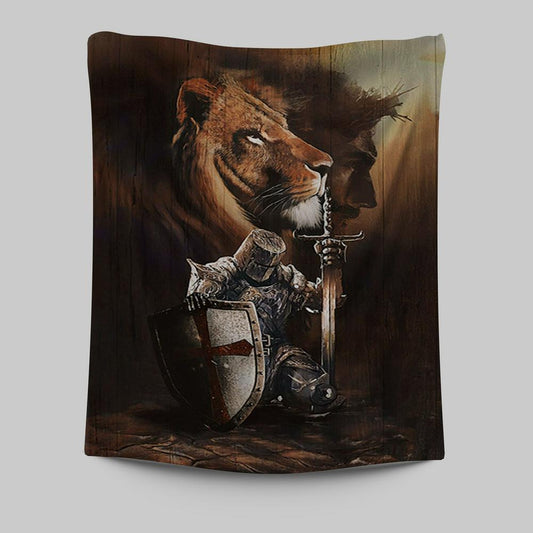 Knight Of God Lion Of Judah Serving The Lord Tapestry - Lion Tapestry Print - Christian Wall Art - Religious Home Decor