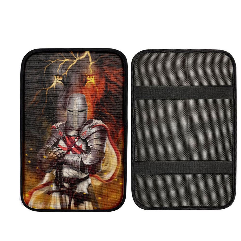 Knight Templar And Lion Jesus Car Center Console Cover, Religious Car Interior Accessories