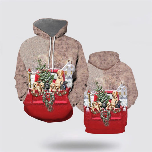 Labs in Old Red Truck Christmas All Over Print 3D Hoodie For Men & Women, Christmas Dog Hoodie, Christmas Hoodie Cute, Christmas Gift