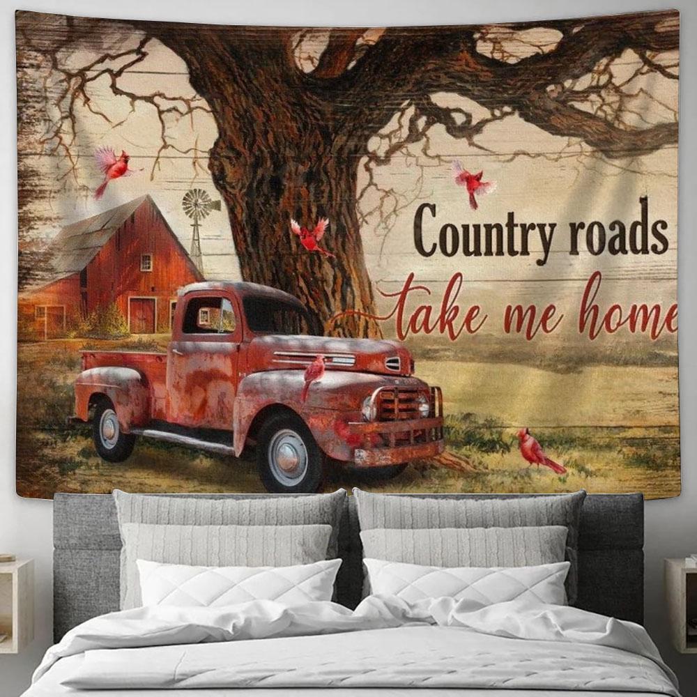 Ladybug Car, Cardinal, Countryside Painting, Country Roads Take Me Home Tapestry, Tapestries for Living Room Bedroom