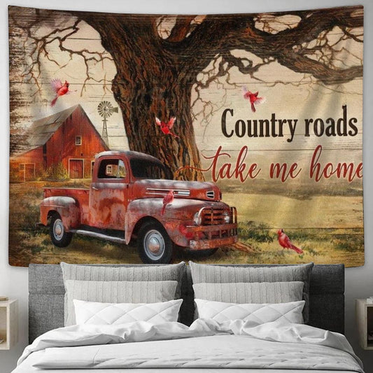 Ladybug Car, Cardinal, Countryside Painting, Country Roads Take Me Home Tapestry, Tapestries for Living Room Bedroom