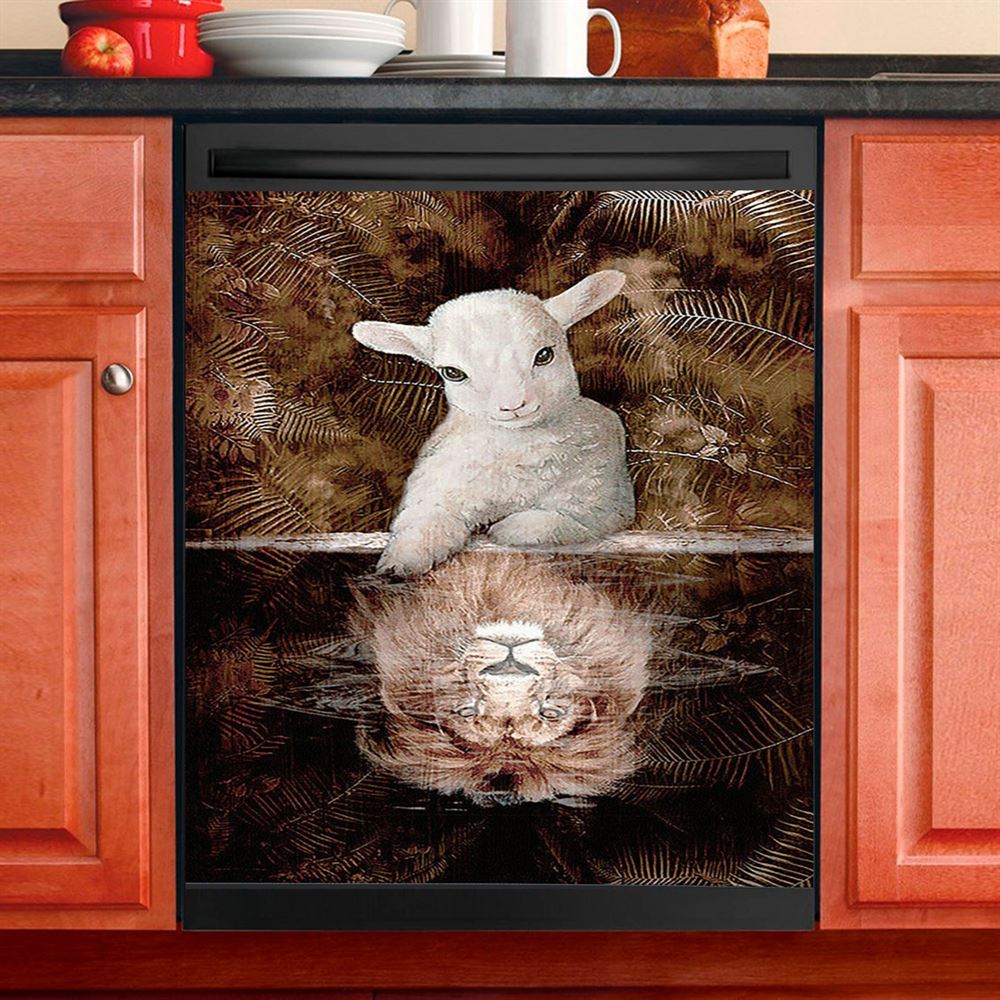 Lamb And Lion King Of Jesus Dishwasher Cover, Christian Dishwasher Wrap, Bible Verse Kitchen Decoration