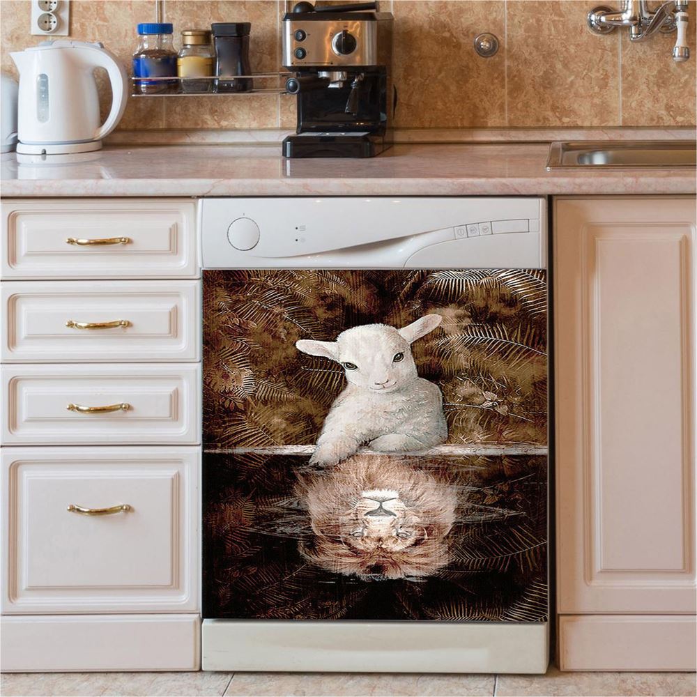 Lamb And Lion King Of Jesus Dishwasher Cover, Christian Dishwasher Wrap, Bible Verse Kitchen Decoration