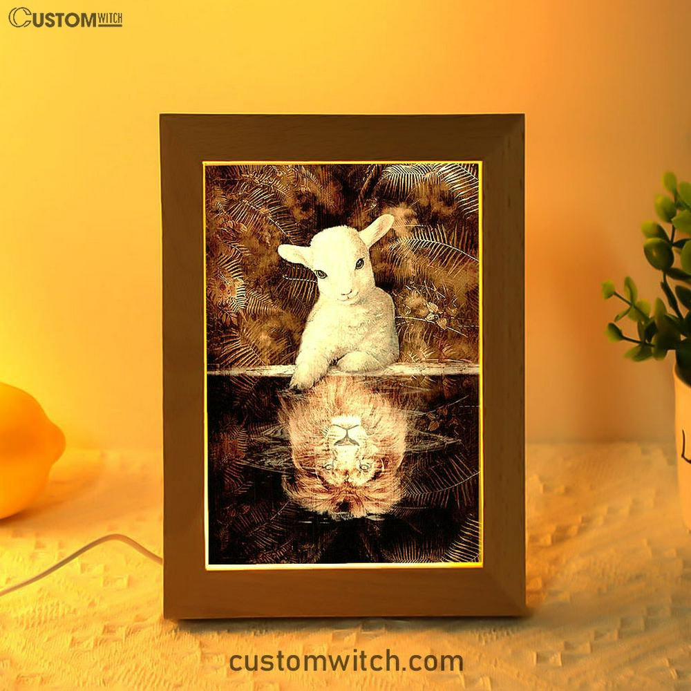 Lamb And Lion King Of Jesus Frame Lamp Art - Christian Night Light - Bible Verse Wooden Lamp