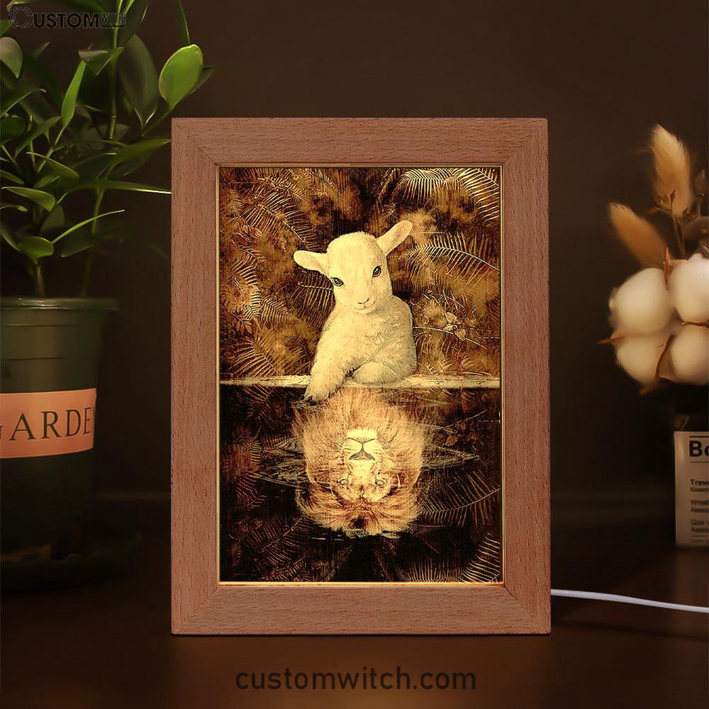 Lamb And Lion King Of Jesus Frame Lamp Art - Christian Night Light - Bible Verse Wooden Lamp