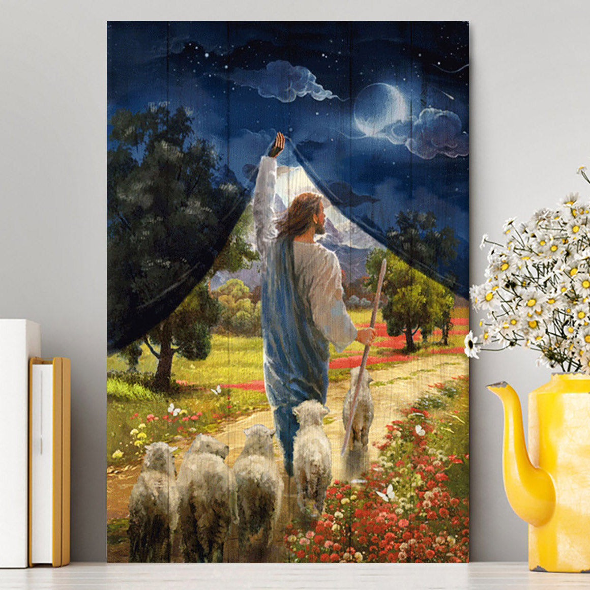 Lamb Of God Flower Field Jesus The Good Shepherd Canvas - Lion Canvas Print - Christian Wall Art - Religious Home Decor
