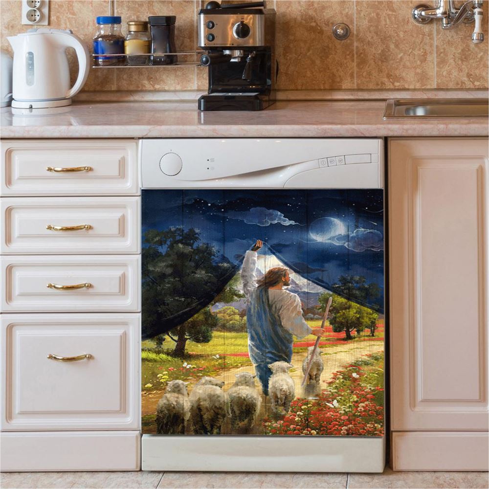 Lamb Of God Flower Field Jesus The Good Shepherd Dishwasher Cover, Lion Dishwasher Wrap, Christian Kitchen Decoration
