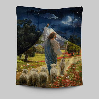 Lamb Of God Flower Field Jesus The Good Shepherd Tapestry - Lion Tapestry Print - Christian Wall Art - Religious Home Decor
