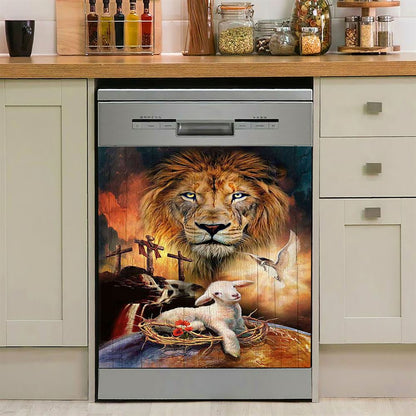 Lamb Of God Holy Spirit Dove Lion Of Judah Dishwasher Cover, Lion Dishwasher Wrap, Christian Kitchen Decoration