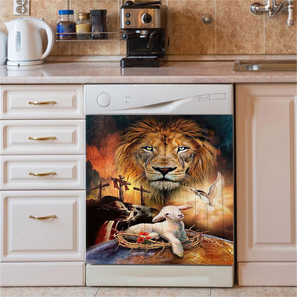 Lamb Of God Holy Spirit Dove Lion Of Judah Dishwasher Cover, Lion Dishwasher Wrap, Christian Kitchen Decoration