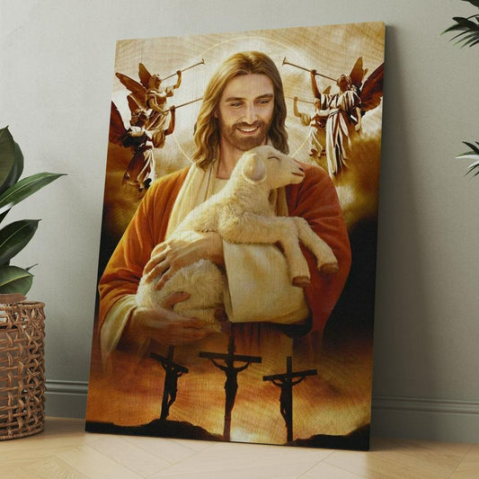 Lamb Of God, Jesus Drawing, Heaven Angels, Three Crosses Canvas, Christmas Gift for Christian