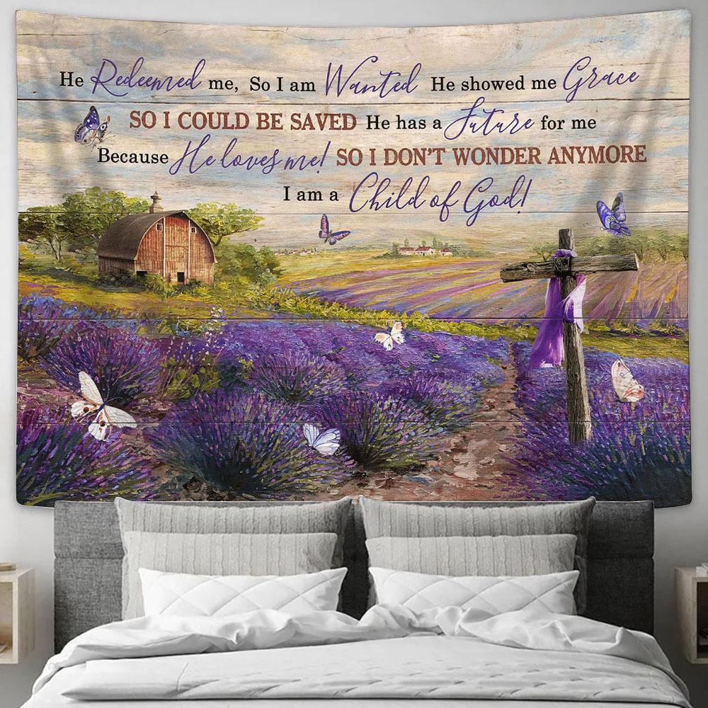 Lavender Flower Field I Am A Child Of God Tapestry Art - Christian Wall Art Decor - Bible Verse Tapestry