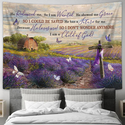 Lavender Flower Field I Am A Child Of God Tapestry Art - Christian Wall Art Decor - Bible Verse Tapestry