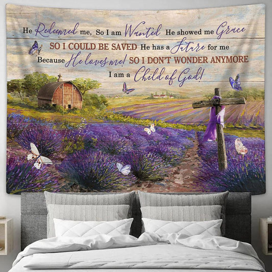 Lavender Flower Field I Am A Child Of God Tapestry Art - Christian Wall Art Decor - Bible Verse Tapestry