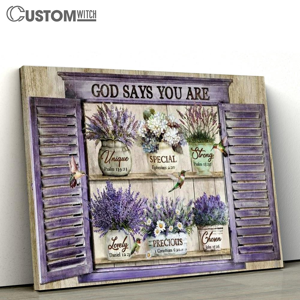 Lavender Vase, Hummingbird, Purple Window, God Says You Are Canvas Poster