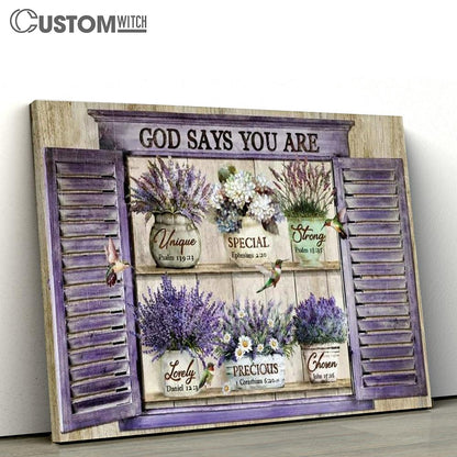 Lavender Vase, Hummingbird, Purple Window, God Says You Are Canvas Poster
