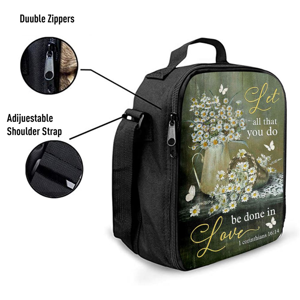 Let All That You Do Be Done In Love Daisy Flower Butterfly Lunch Bag, Christian Lunch Box For School, Picnic