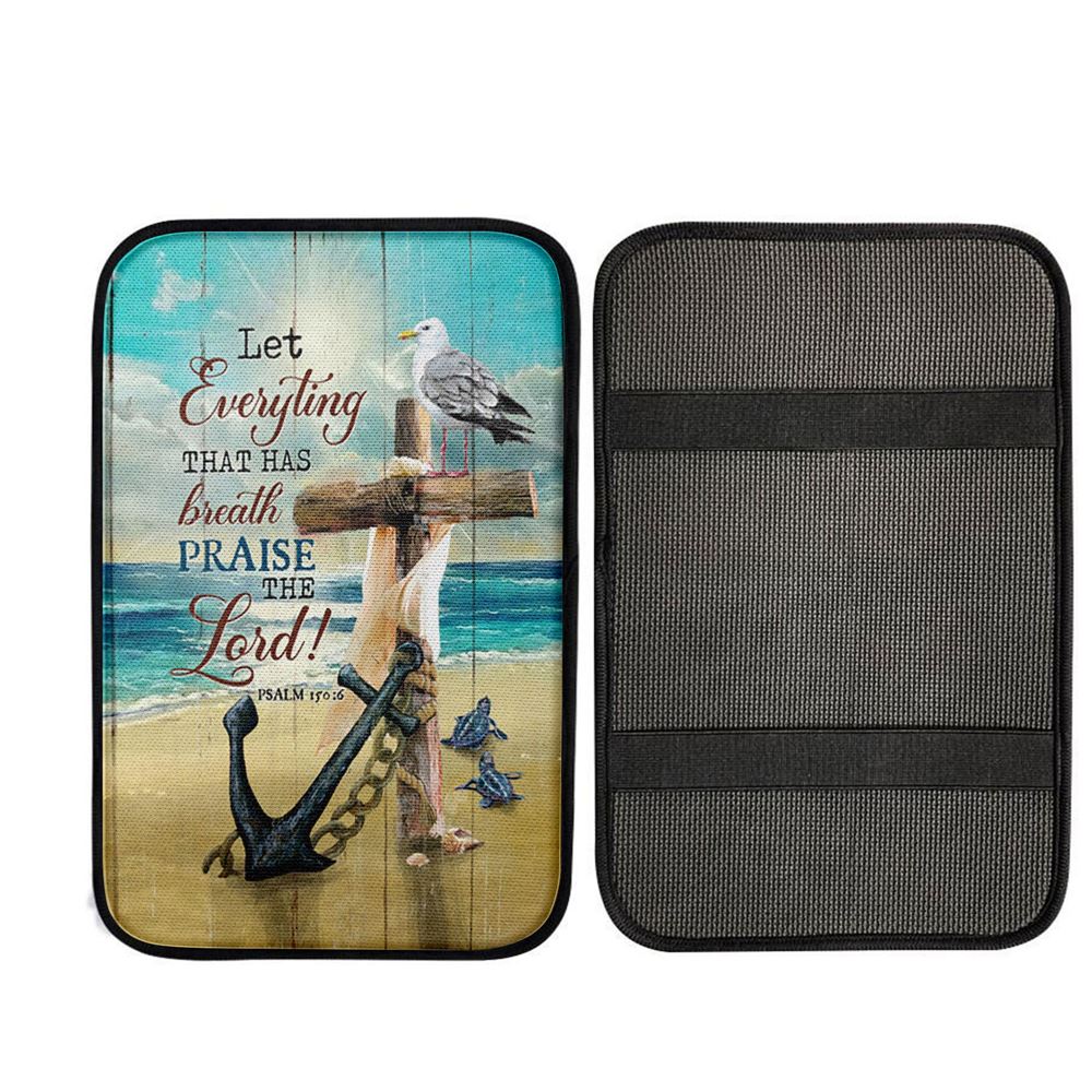 Let Everything That Has Breath Car Armrest Pad - Anchor Wooden Cross Pretty Seagull Car Center Console Cover, God Car Armrest Accessories