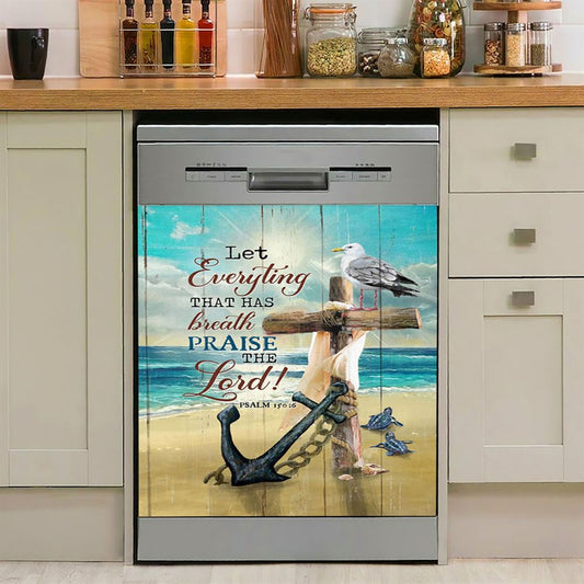 Let Everything That Has Breath Dishwasher Cover, Anchor Wooden Cross Pretty Seagull Dishwasher Wrap, Christian Kitchen Decoration