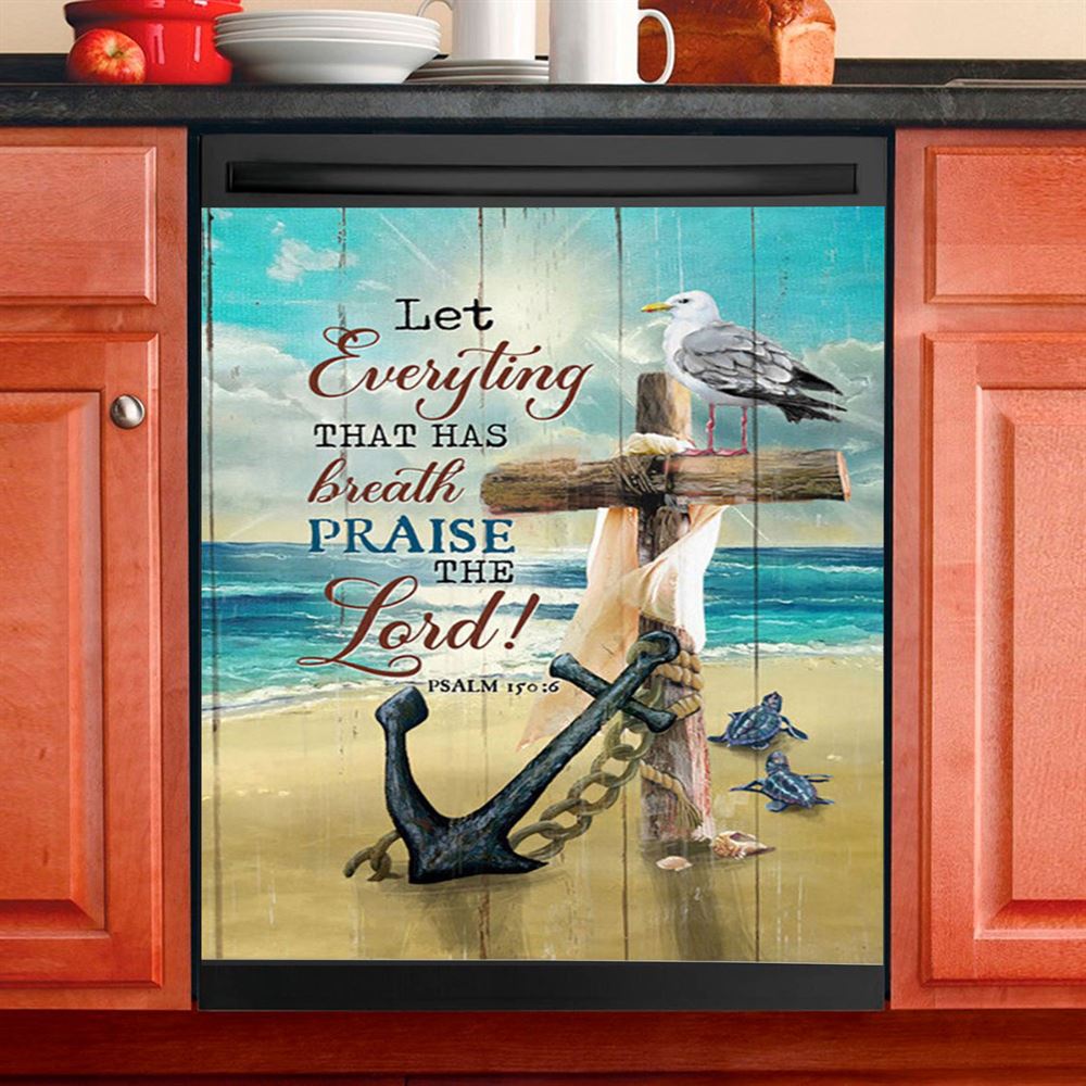 Let Everything That Has Breath Dishwasher Cover, Anchor Wooden Cross Pretty Seagull Dishwasher Wrap, Christian Kitchen Decoration