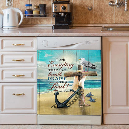 Let Everything That Has Breath Dishwasher Cover, Anchor Wooden Cross Pretty Seagull Dishwasher Wrap, Christian Kitchen Decoration