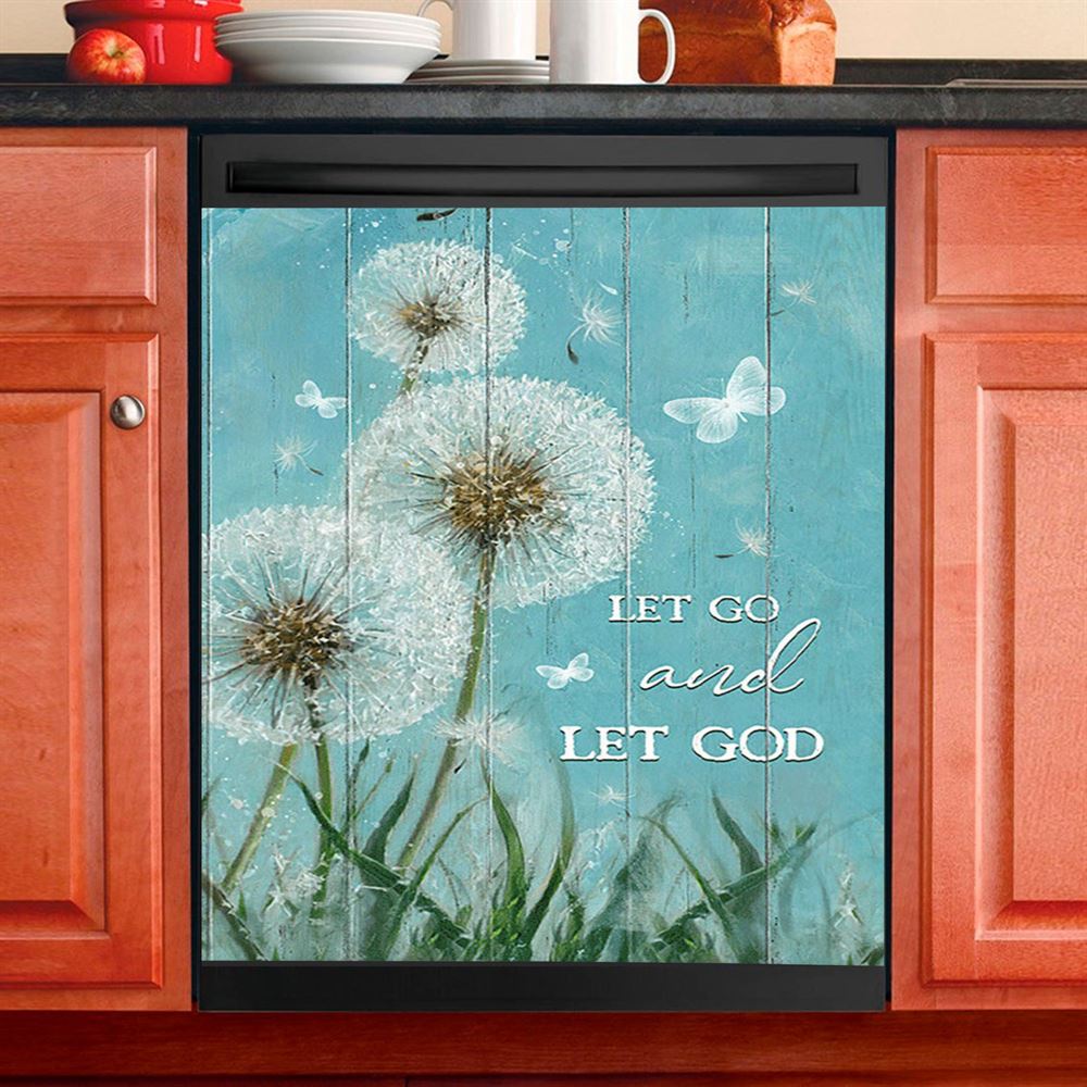 Let Go And Let God Dandelion White Butterfly Dishwasher Cover, Lion Dishwasher Wrap, Christian Kitchen Decoration