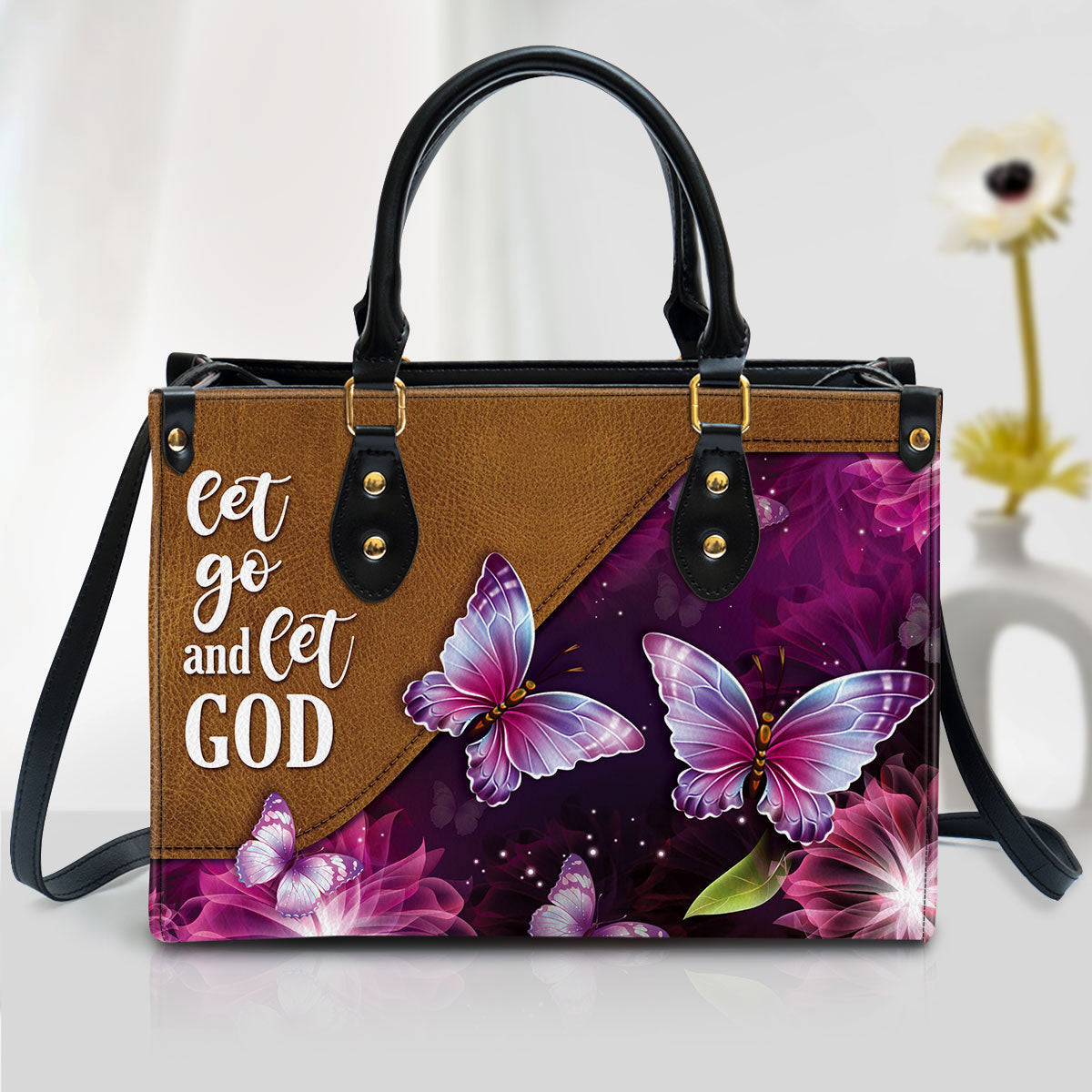 Let Go And Let God Pretty Butterfly Leather Handbag, Religious Gifts For Women, Women Pu Leather Bag