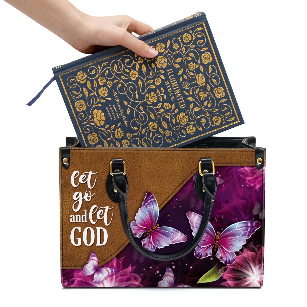 Let Go And Let God Pretty Butterfly Leather Handbag, Religious Gifts For Women, Women Pu Leather Bag