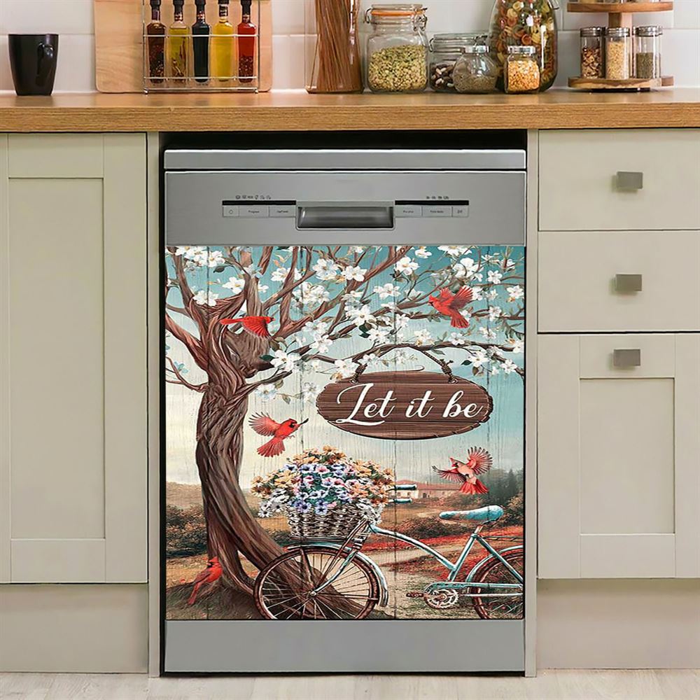 Let It Be Bicycle Red Cardinals Dishwasher Cover, Bible Verse Dishwasher Wrap, Inspirational Kitchen Decoration