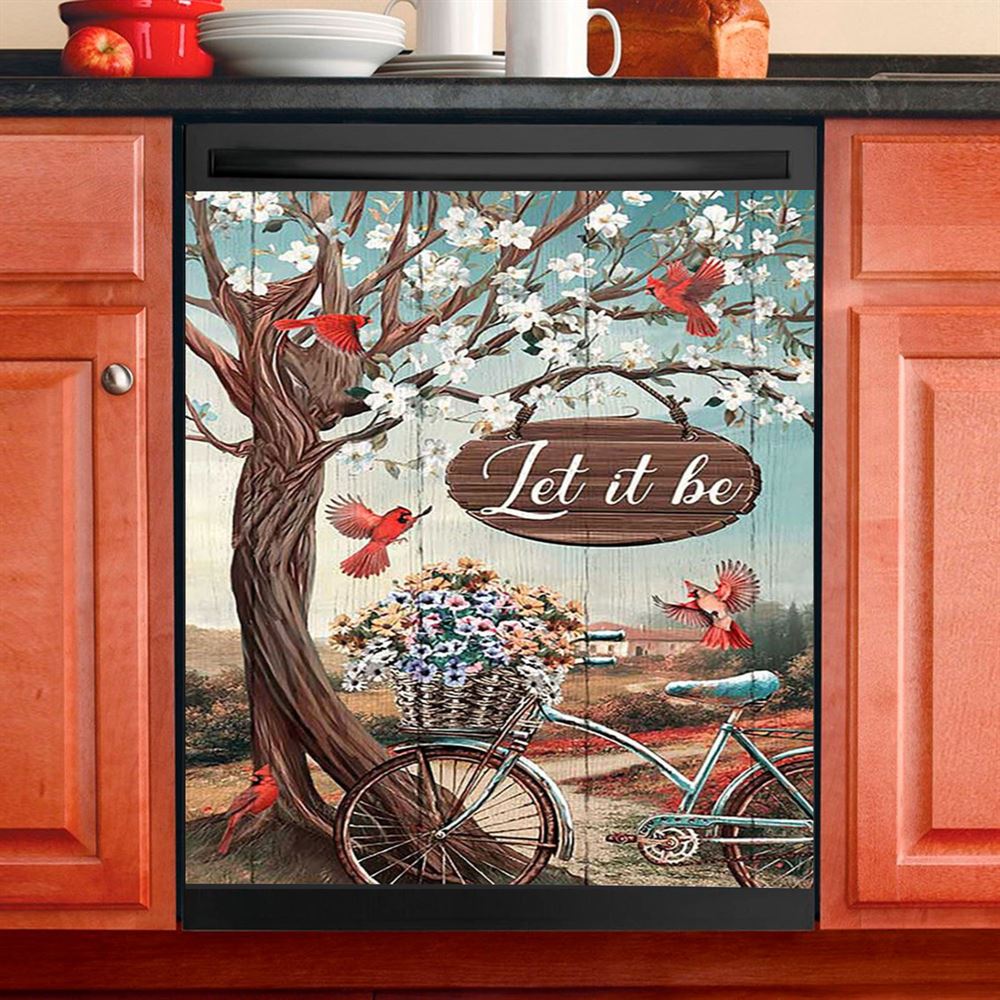 Let It Be Bicycle Red Cardinals Dishwasher Cover, Bible Verse Dishwasher Wrap, Inspirational Kitchen Decoration