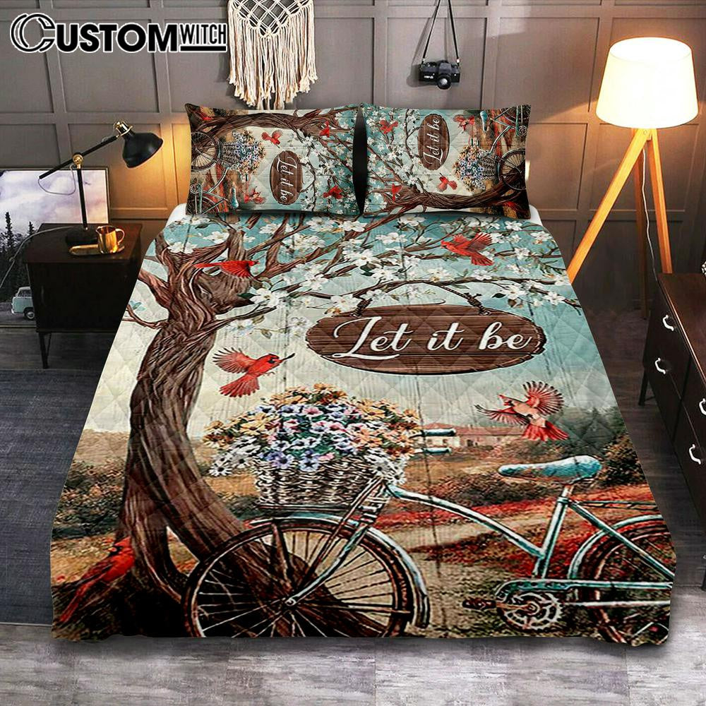 Let It Be Bicycle Red Cardinals Quilt Bedding Set Bedroom - Bible Verse Quilt Bedding Set Art - Christian Home Decor
