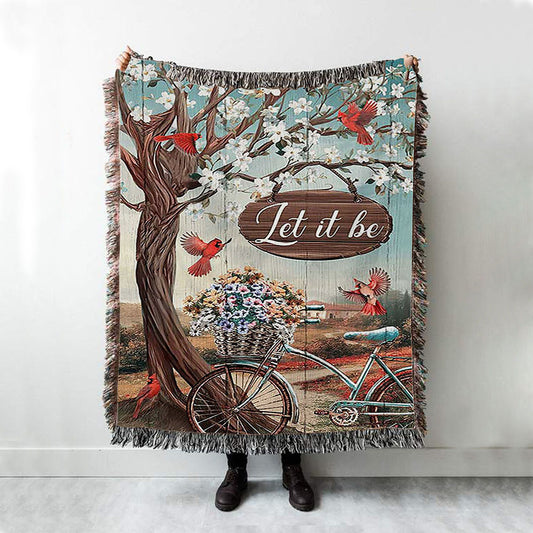 Let It Be Bicycle Red Cardinals Woven Throw Blanket - Bible Verse Woven Blanket Art - Inspirational Art - Christian Home Decor