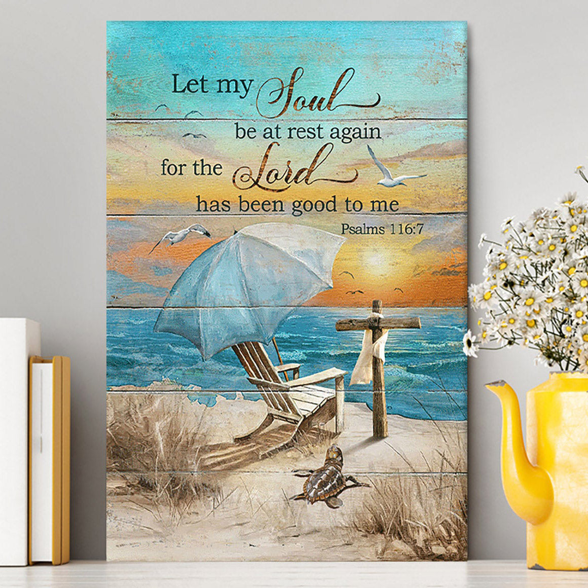 Let My Soul Be At Rest Again Blue Ocean Sunset Wooden Cross Canvas Wall Art - Bible Verse Canvas Art - Christian Home Decor
