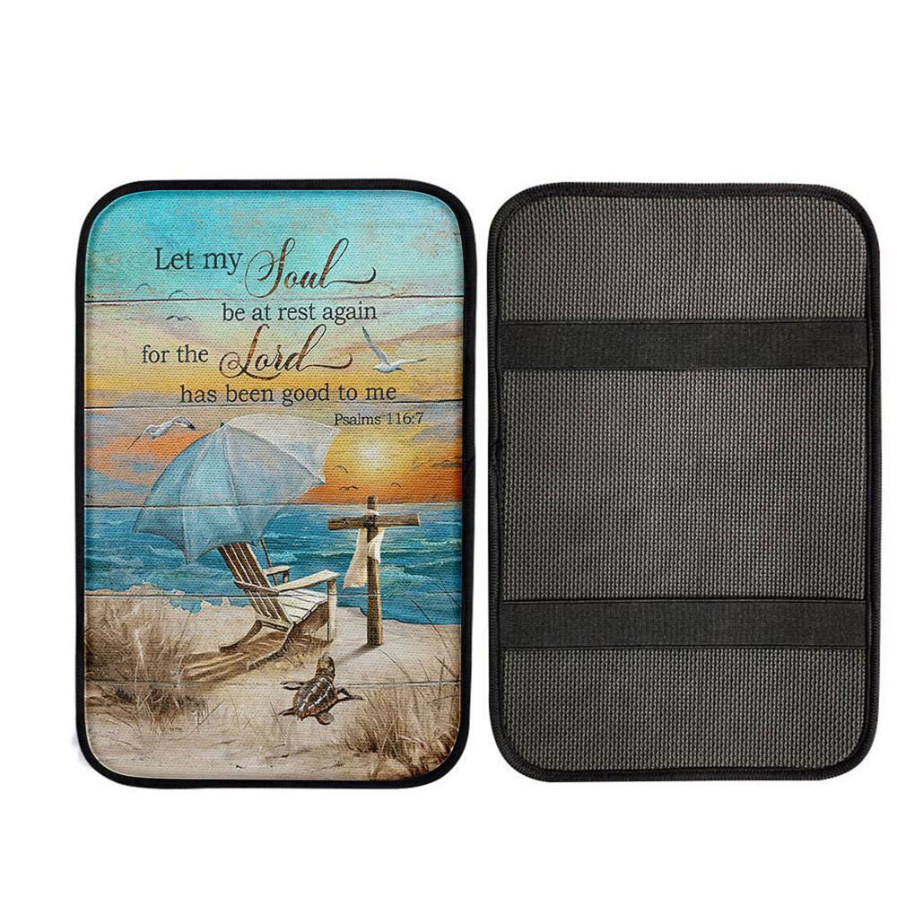 Let My Soul Be At Rest Again Blue Ocean Sunset Wooden Cross Car Center Console Cover, Religious Car Armrest Accessories