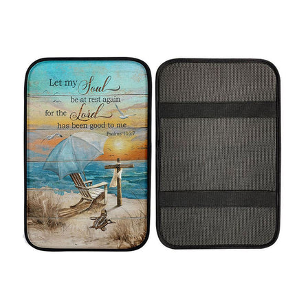 Let My Soul Be At Rest Again Blue Ocean Sunset Wooden Cross Car Center Console Cover, Religious Car Armrest Accessories