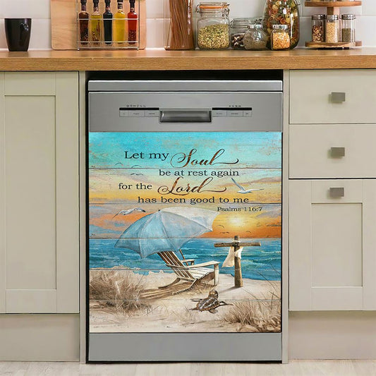 Let My Soul Be At Rest Again Blue Ocean Sunset Wooden Cross Dishwasher Cover, Bible Verse Dishwasher Wrap, Christian Kitchen Decoration